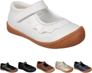Oomphies Amina Leather Mary Jane Shoes for Girls  Ruffled Dress Shoes with Hook & Loop Closure, Soft Cushion Footbed