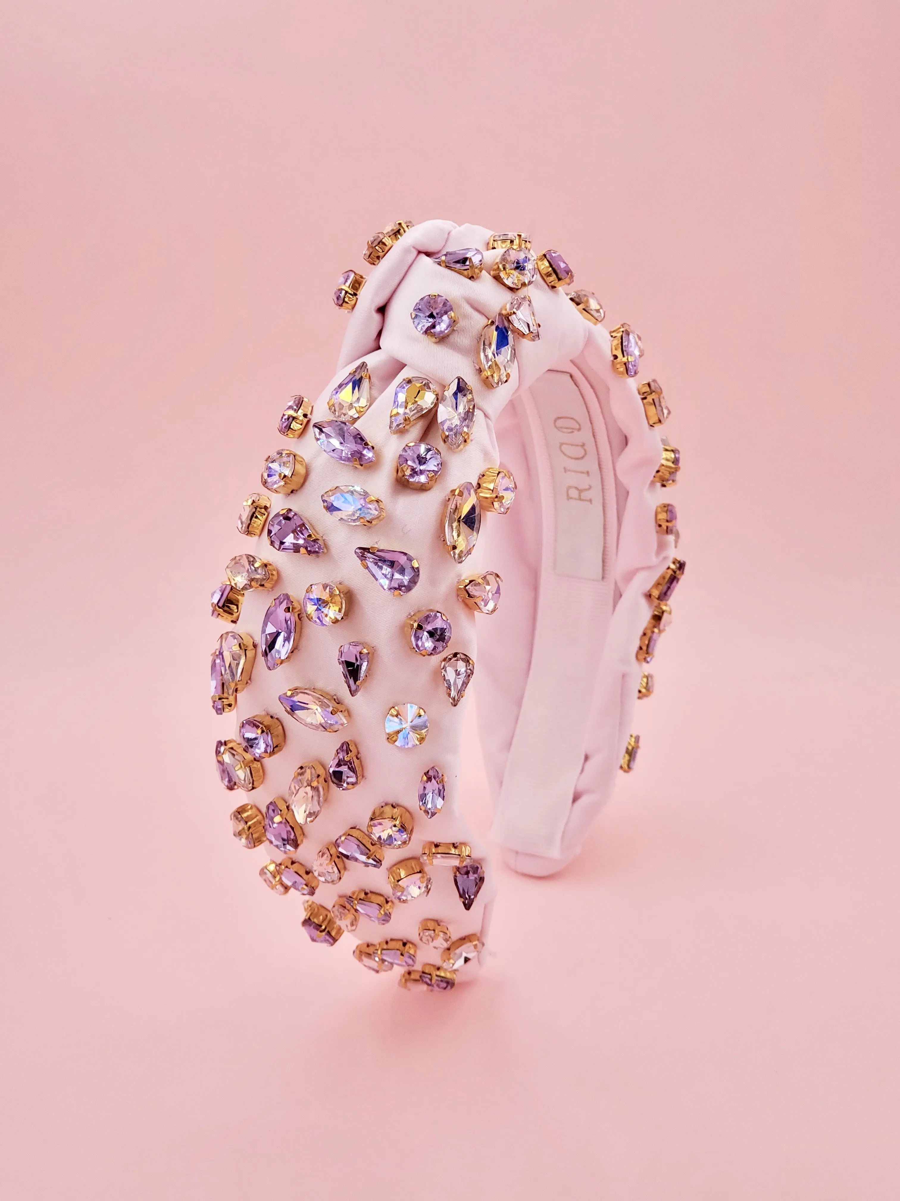 Pastel Pink Satin Headband with Golden Champagne Crystal Embellishments
