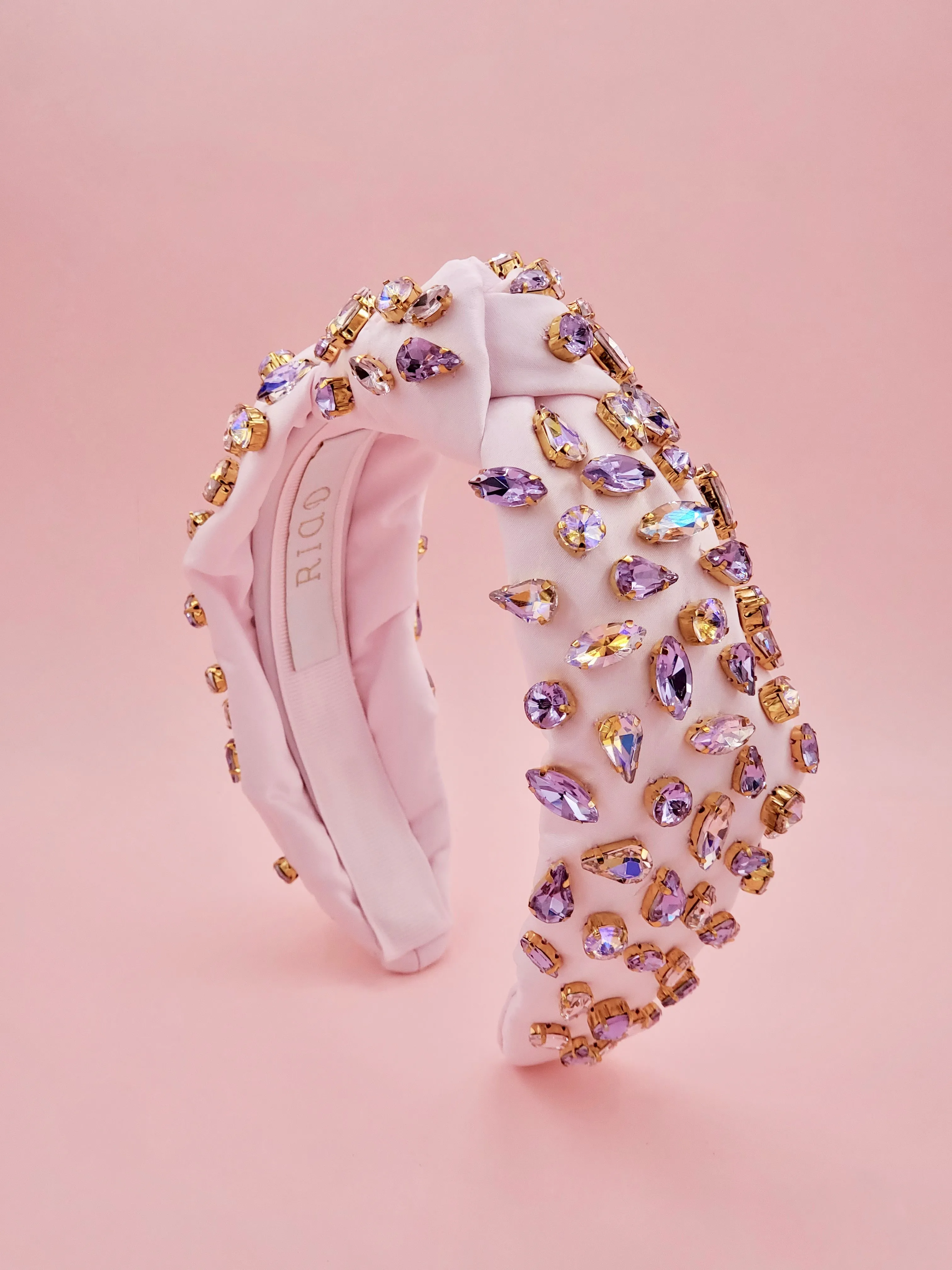 Pastel Pink Satin Headband with Golden Champagne Crystal Embellishments