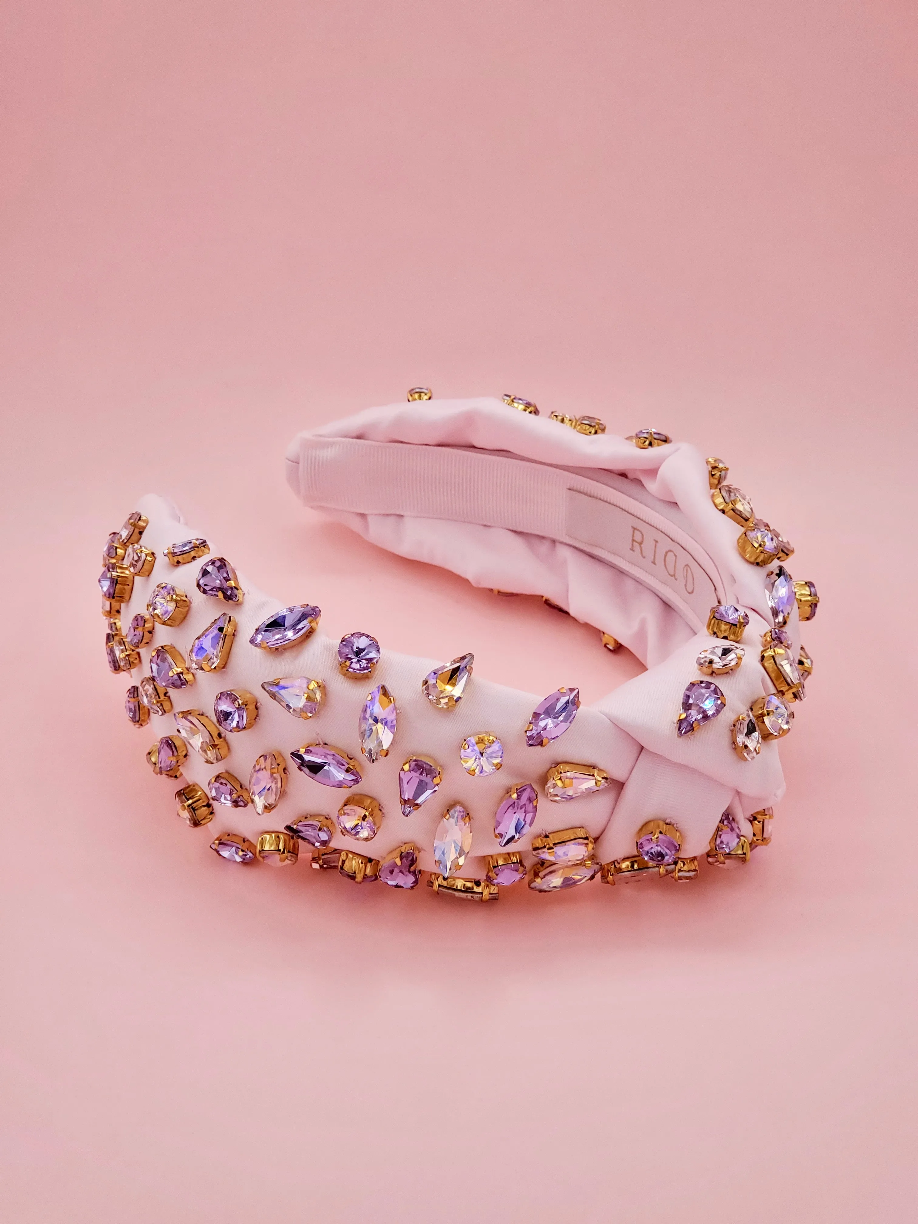 Pastel Pink Satin Headband with Golden Champagne Crystal Embellishments