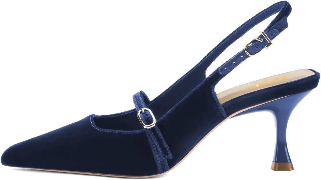 Pazzion Women's Pointed Closed Toe Slingback Pumps Mid Kitten Heel Ankle Strap Buckled Sandals Comfy Daily Prom Event Shoes Size 4-16 US