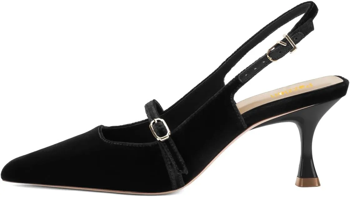 Pazzion Women's Pointed Closed Toe Slingback Pumps Mid Kitten Heel Ankle Strap Buckled Sandals Comfy Daily Prom Event Shoes Size 4-16 US