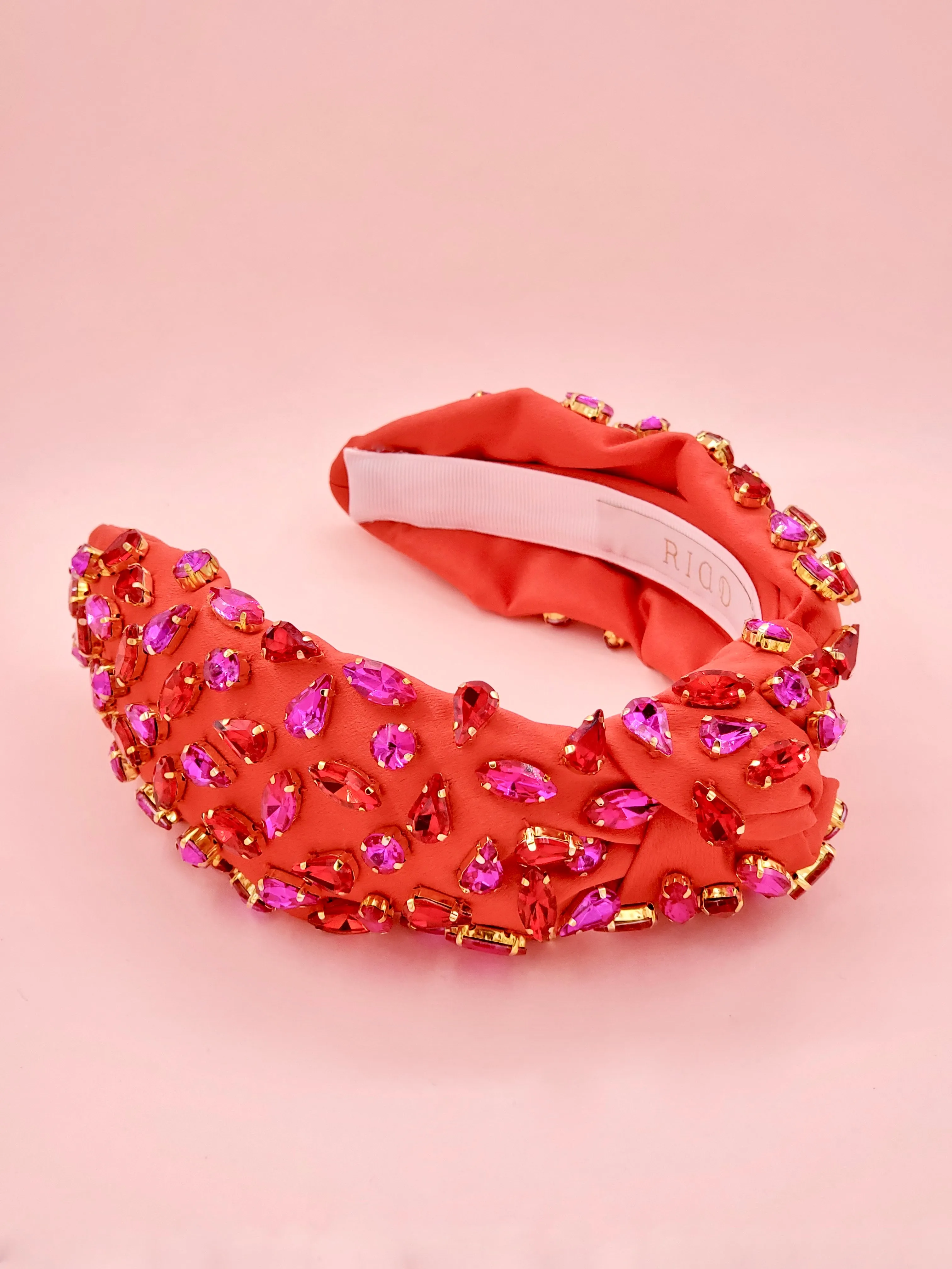 Red Satin Headband with Hot Pink and Red Crystal Embellishments