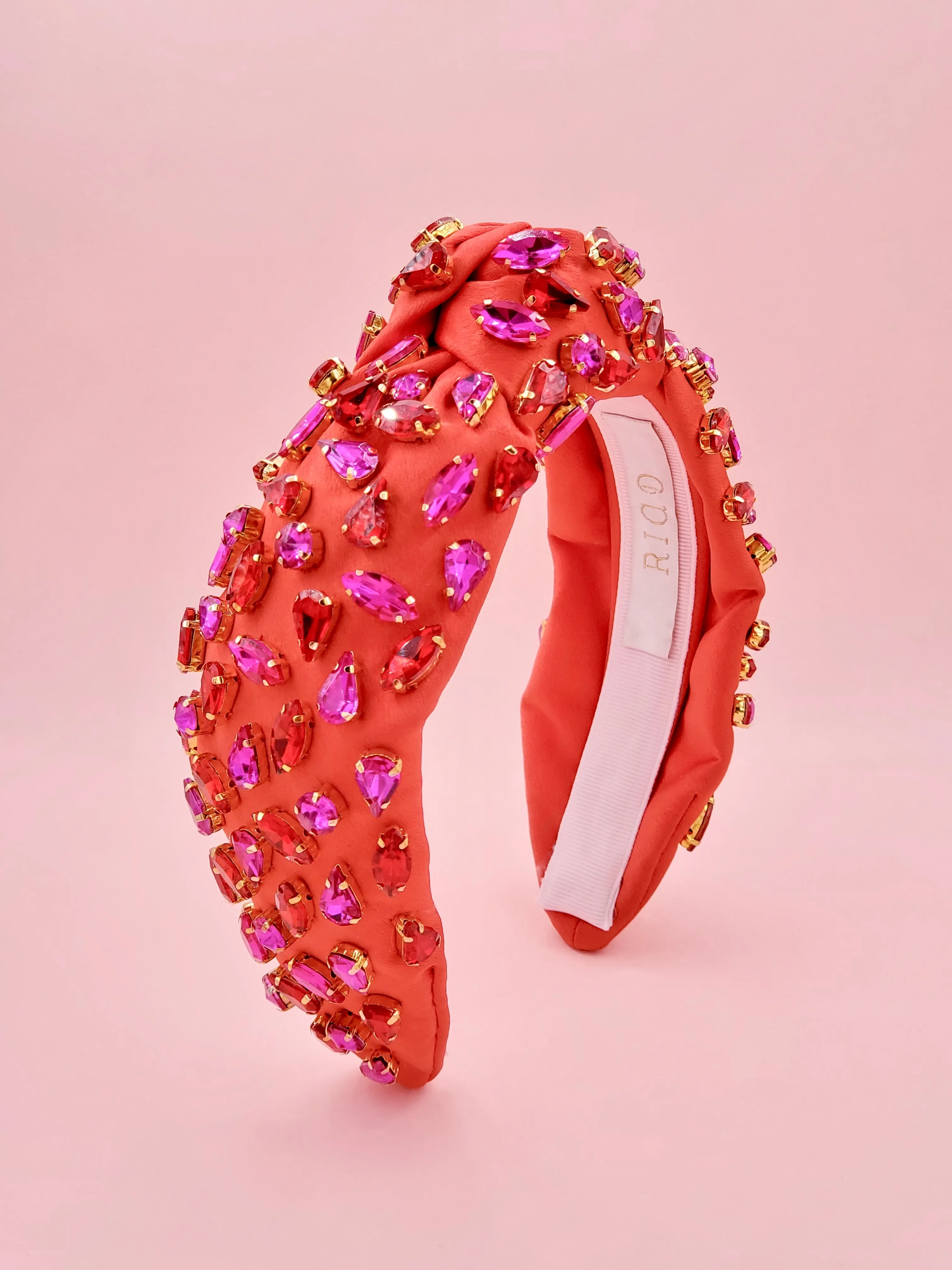Red Satin Headband with Hot Pink and Red Crystal Embellishments