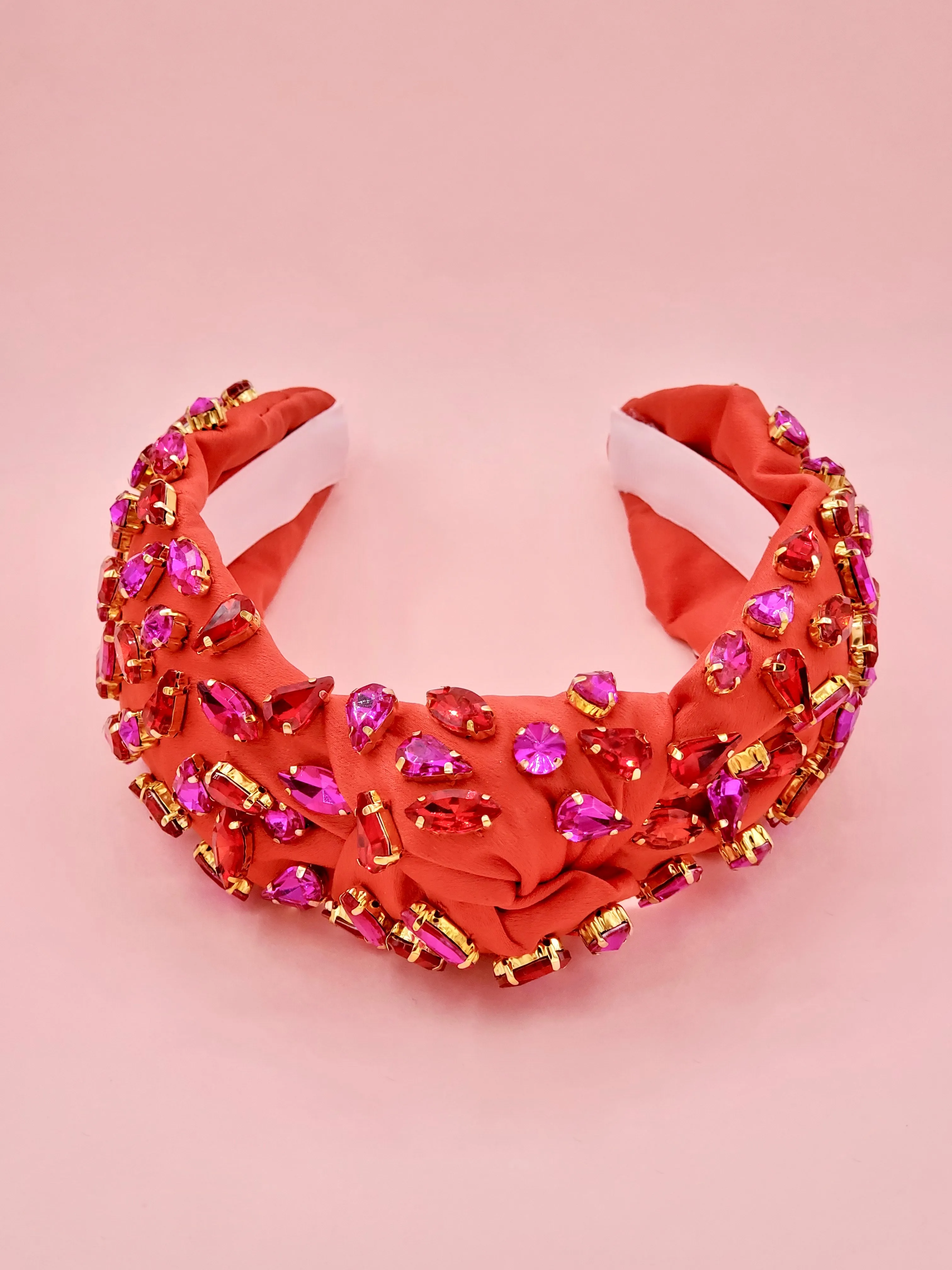 Red Satin Headband with Hot Pink and Red Crystal Embellishments
