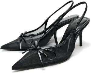 SAFECAMS Bow Mesh Slingback Heels for Women Pointed Toe Kitten Pumps Slip On Casual Work Stiletto Heels Sexy Dress Shoes Closed Toe Heeled Sandals