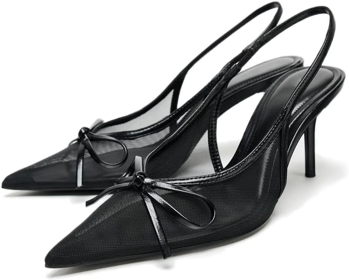 SAFECAMS Bow Mesh Slingback Heels for Women Pointed Toe Kitten Pumps Slip On Casual Work Stiletto Heels Sexy Dress Shoes Closed Toe Heeled Sandals