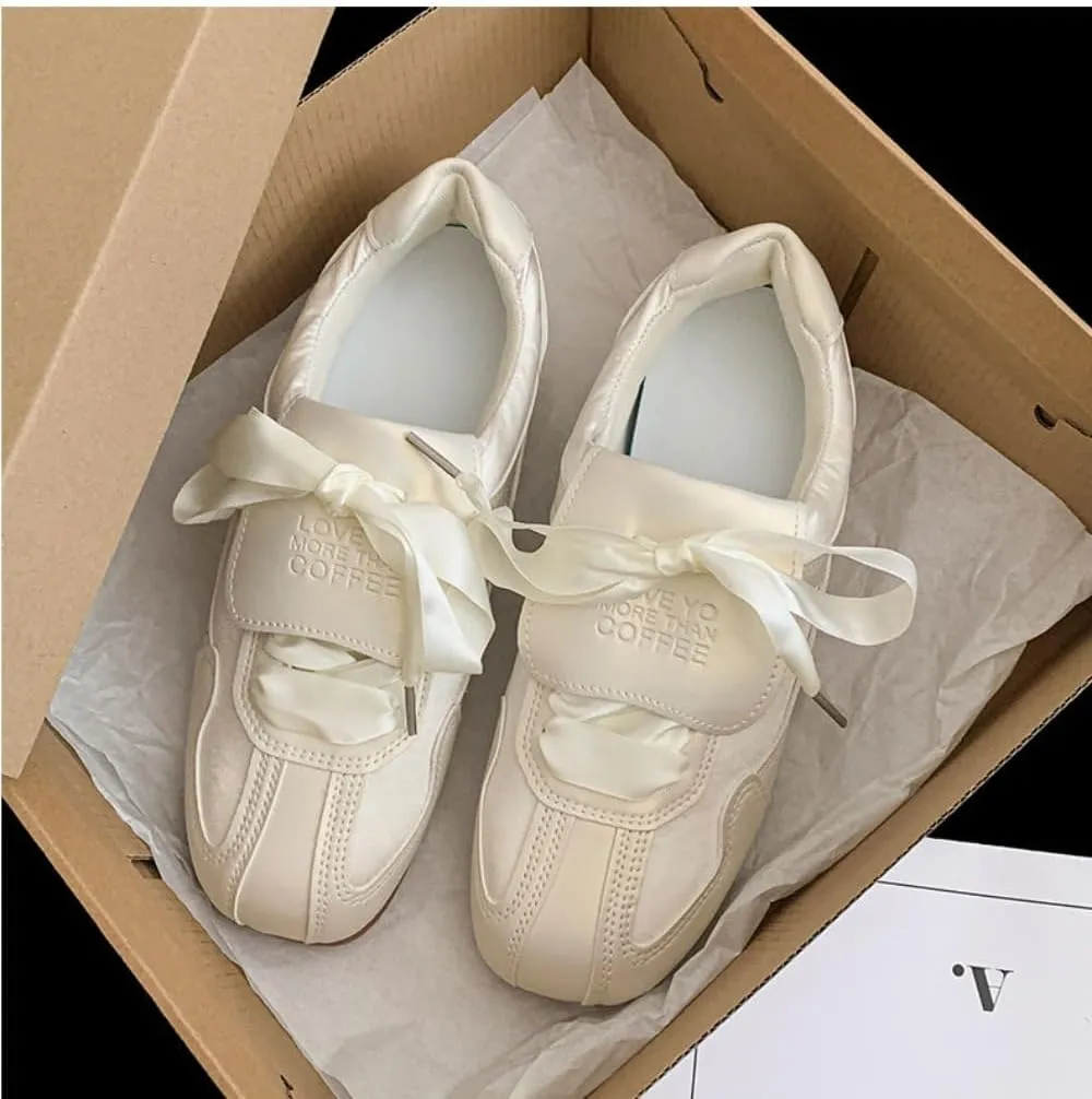 Sneakerina Satin Ballet Sneakers for Women Lace Up Ballerina Sneakers Flat No Slip Round Toes Kawaii Y2K Lightweight Breathable Comfort Dress Shoes Slip on Preppy Back to School Gifts for Girls Teens