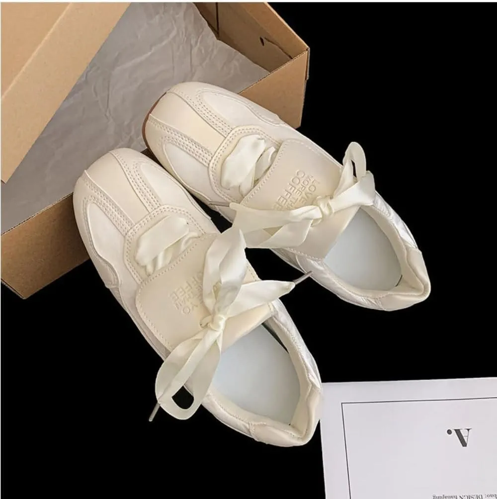 Sneakerina Satin Ballet Sneakers for Women Lace Up Ballerina Sneakers Flat No Slip Round Toes Kawaii Y2K Lightweight Breathable Comfort Dress Shoes Slip on Preppy Back to School Gifts for Girls Teens