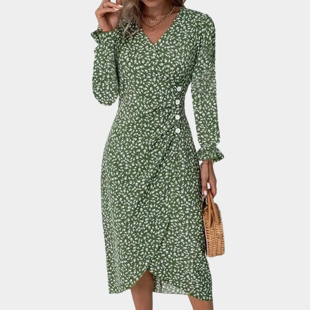 Spring Floral Bodycon Midi Dress  Womens V-Neck, Long Sleeve, Close Fit, Vestido in Green, Black, Red, Blue