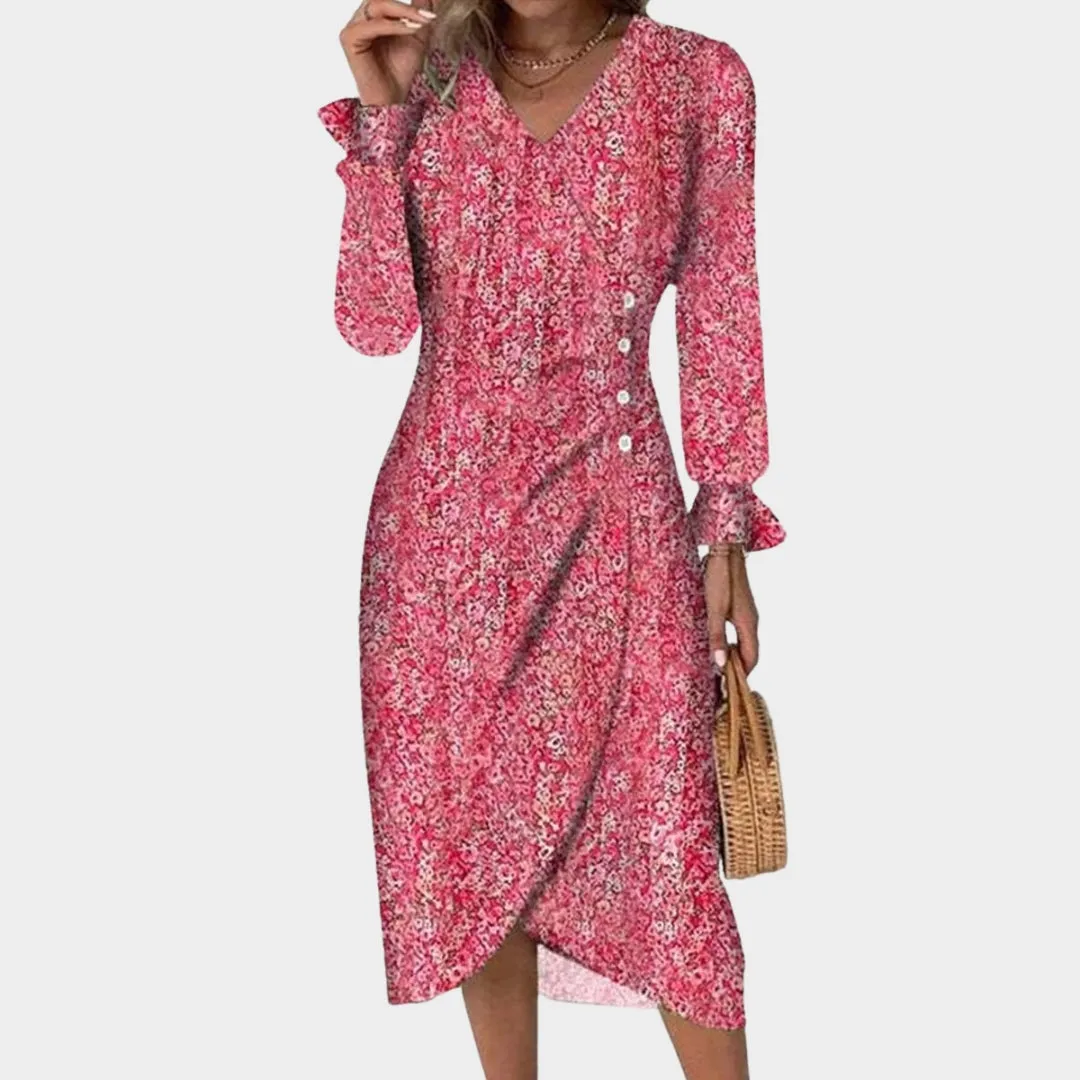 Spring Floral Bodycon Midi Dress  Womens V-Neck, Long Sleeve, Close Fit, Vestido in Green, Black, Red, Blue