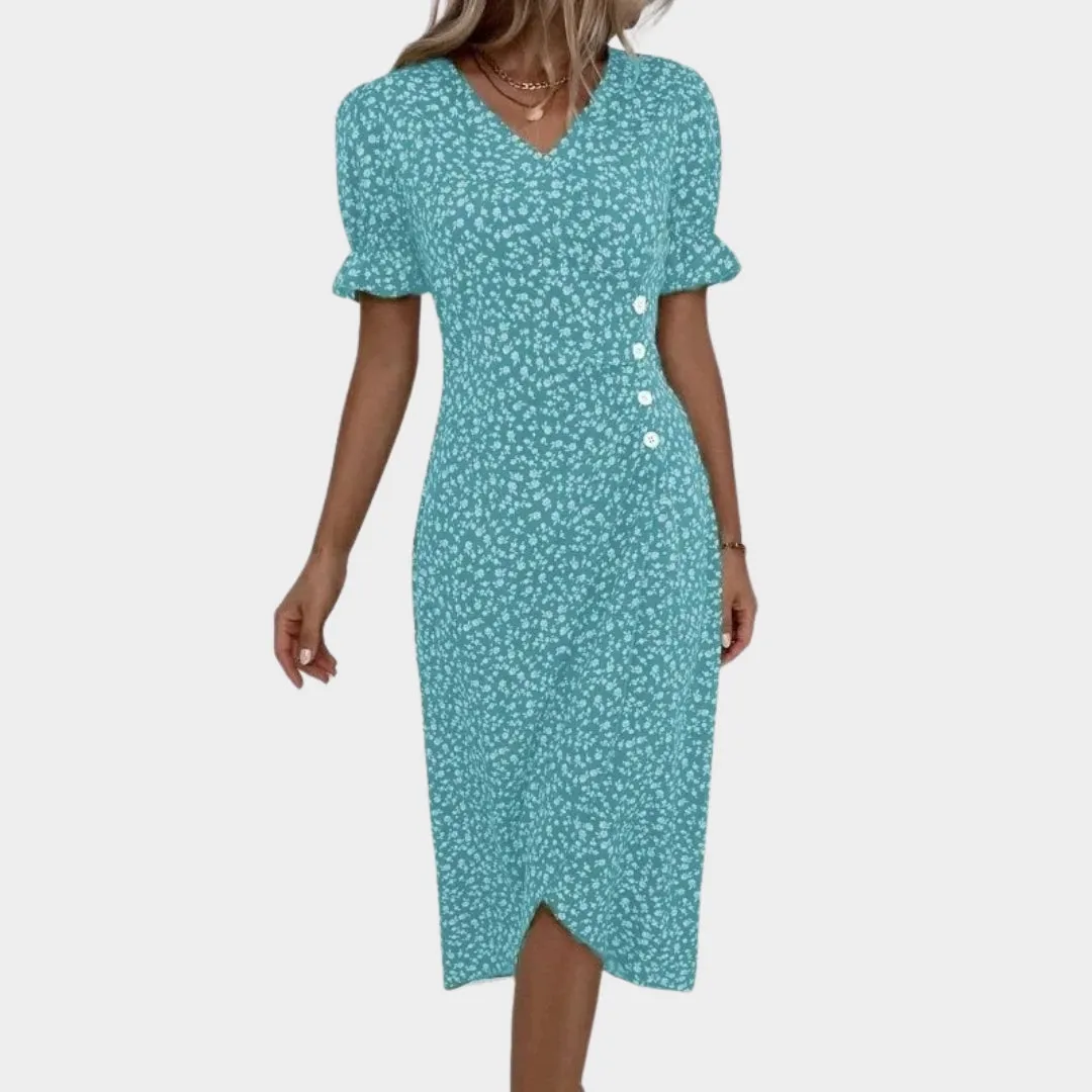 Spring Floral Bodycon Midi Dress  Womens V-Neck, Long Sleeve, Close Fit, Vestido in Green, Black, Red, Blue