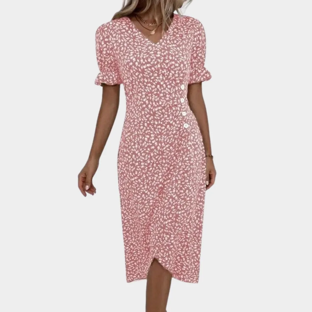 Spring Floral Bodycon Midi Dress  Womens V-Neck, Long Sleeve, Close Fit, Vestido in Green, Black, Red, Blue