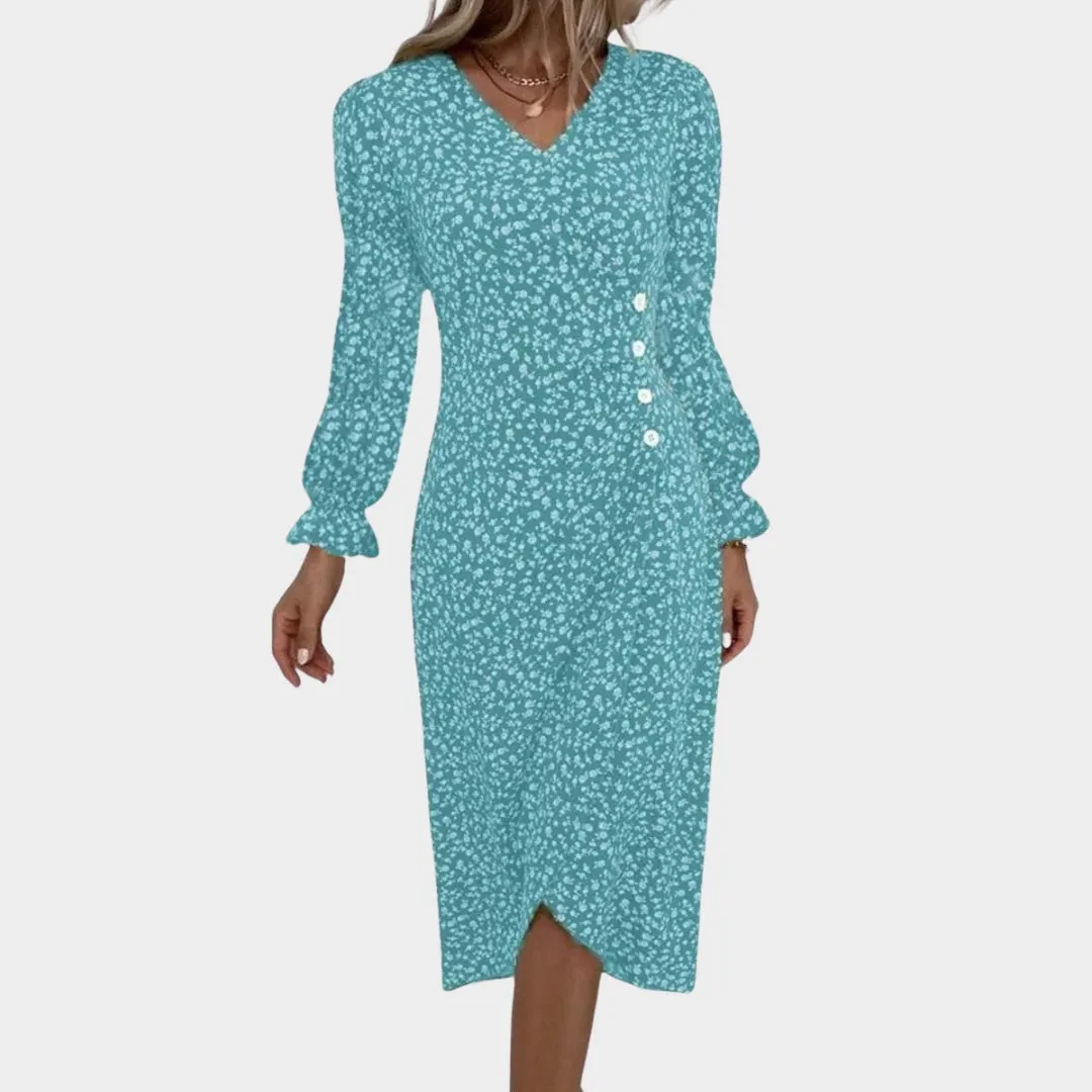 Spring Floral Bodycon Midi Dress  Womens V-Neck, Long Sleeve, Close Fit, Vestido in Green, Black, Red, Blue