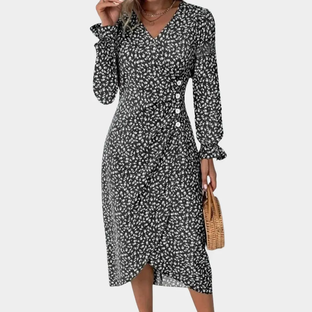 Spring Floral Bodycon Midi Dress  Womens V-Neck, Long Sleeve, Close Fit, Vestido in Green, Black, Red, Blue