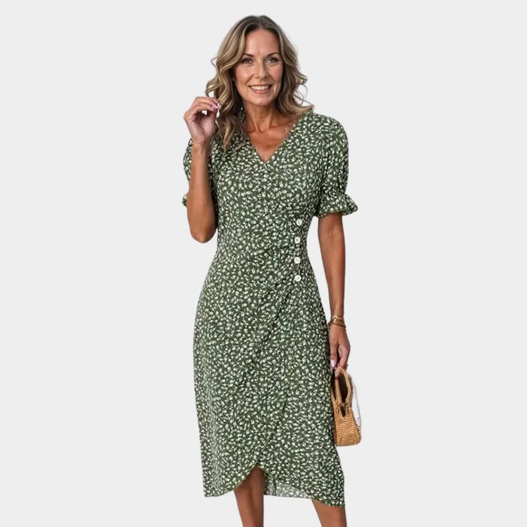 Spring Floral Bodycon Midi Dress  Womens V-Neck, Long Sleeve, Close Fit, Vestido in Green, Black, Red, Blue