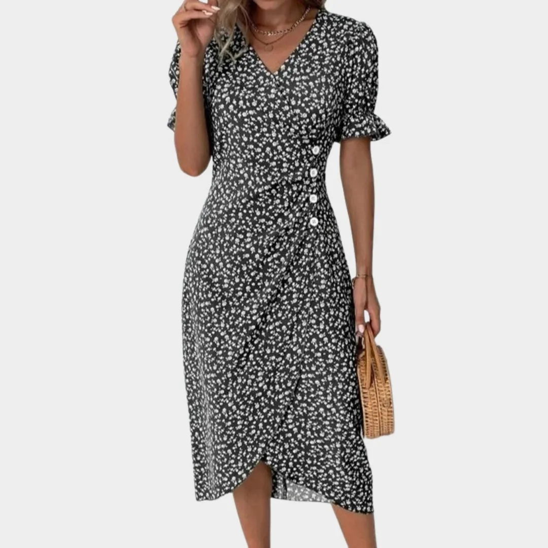 Spring Floral Bodycon Midi Dress  Womens V-Neck, Long Sleeve, Close Fit, Vestido in Green, Black, Red, Blue