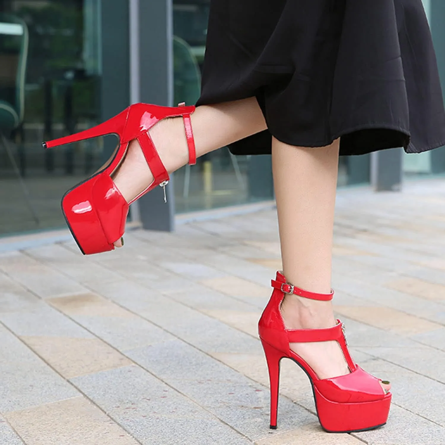 Women's Dress Platform High Heels 14Cm Stiletto Heel Ankle Strap Heeled Sandals Open Toe Front Zipper Shoes for Stripper Club Pole Dance