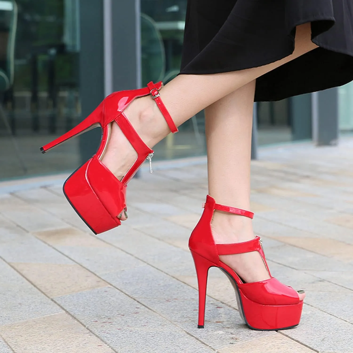 Women's Dress Platform High Heels 14Cm Stiletto Heel Ankle Strap Heeled Sandals Open Toe Front Zipper Shoes for Stripper Club Pole Dance