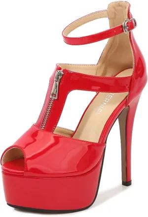 Women's Dress Platform High Heels 14Cm Stiletto Heel Ankle Strap Heeled Sandals Open Toe Front Zipper Shoes for Stripper Club Pole Dance