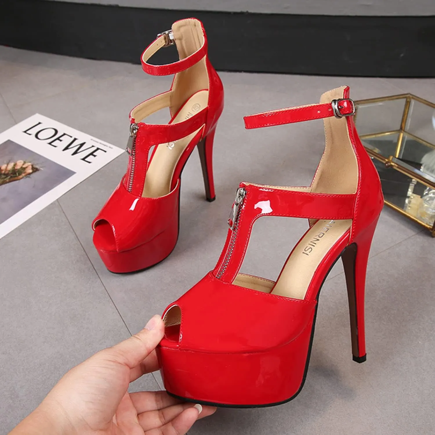 Women's Dress Platform High Heels 14Cm Stiletto Heel Ankle Strap Heeled Sandals Open Toe Front Zipper Shoes for Stripper Club Pole Dance