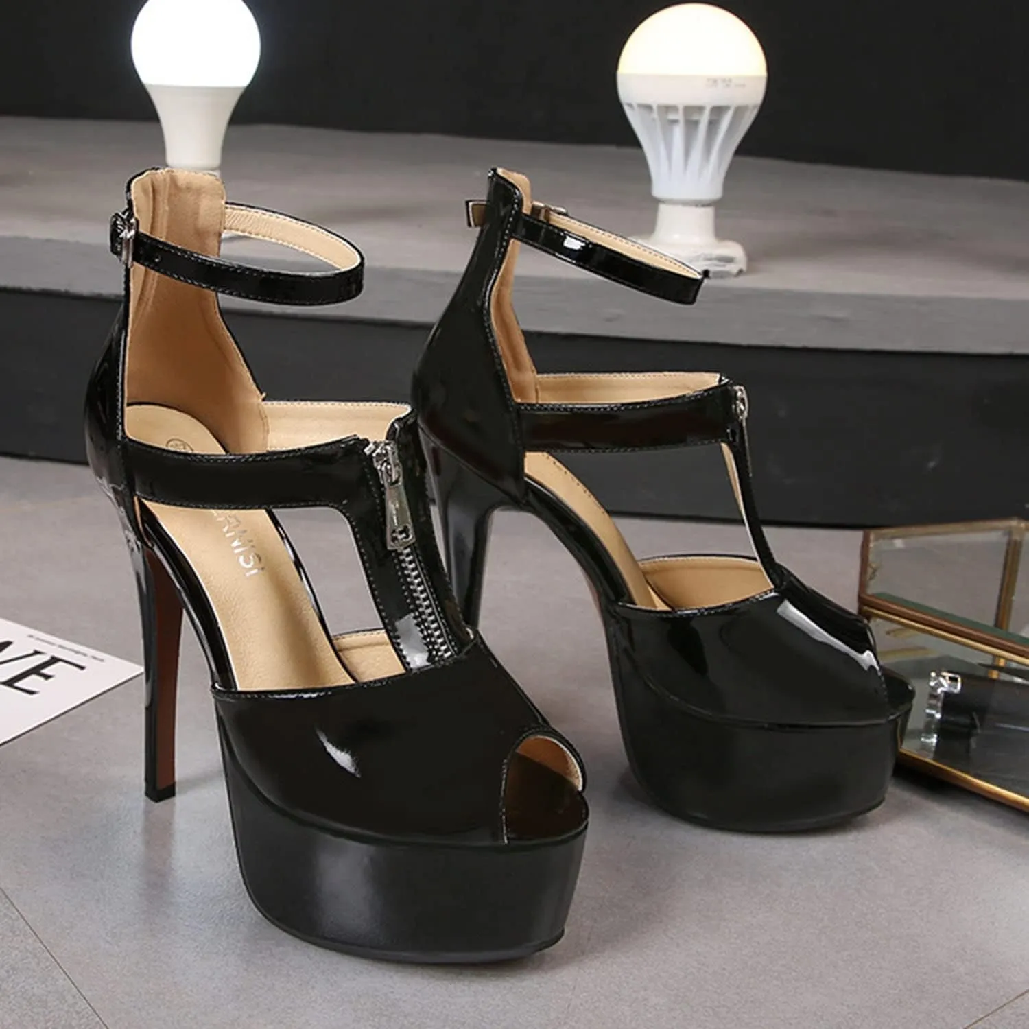 Women's Dress Platform High Heels 14Cm Stiletto Heel Ankle Strap Heeled Sandals Open Toe Front Zipper Shoes for Stripper Club Pole Dance