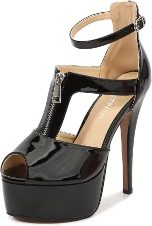 Women's Dress Platform High Heels 14Cm Stiletto Heel Ankle Strap Heeled Sandals Open Toe Front Zipper Shoes for Stripper Club Pole Dance